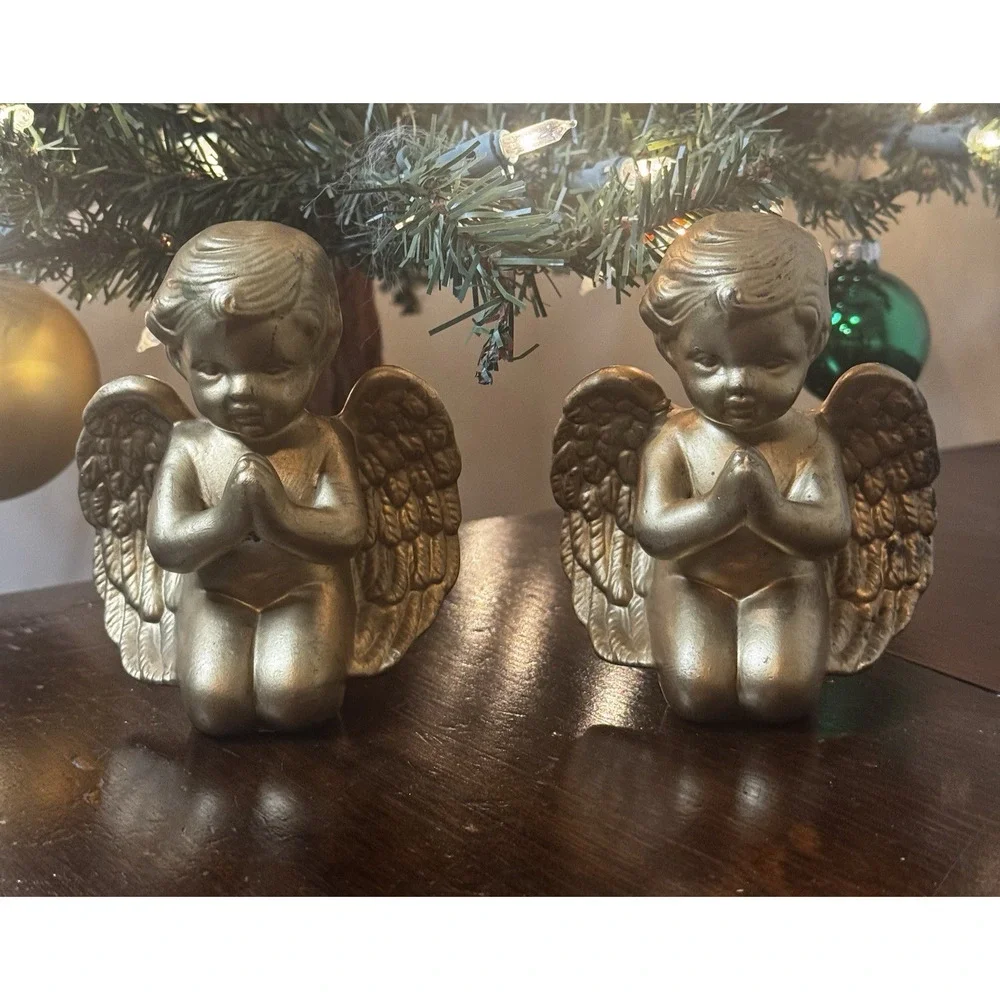 Vintage Angel Praying Gold Tone 2 Cherubs Made Taiwan 4.5